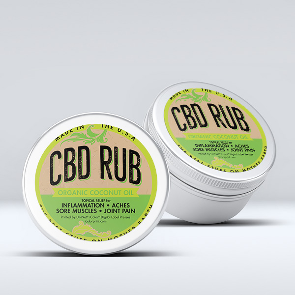CBD Rub Label Printed with the UniNet iColor ® 700 Digital Label Press